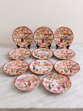 Vintage Japanese Geisha Girl Porcelain Dessert Plates Set 11 Kutani Style